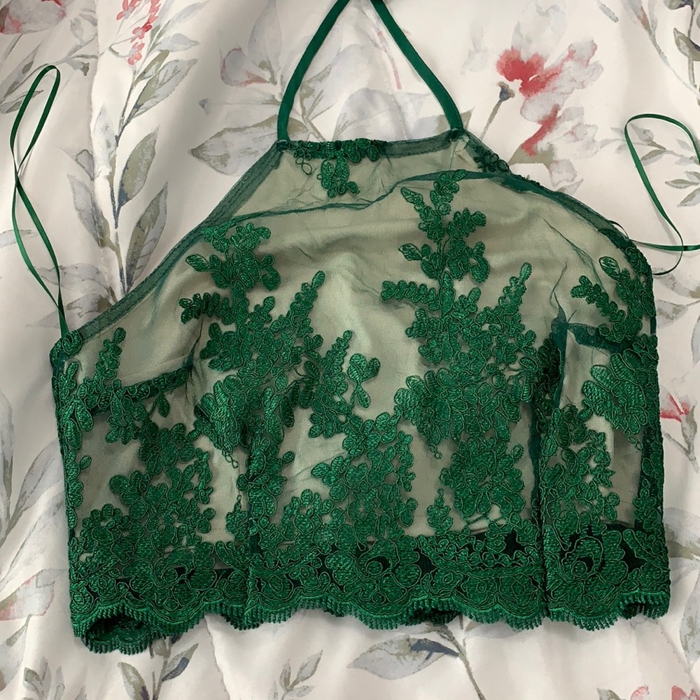 Green lace crop top